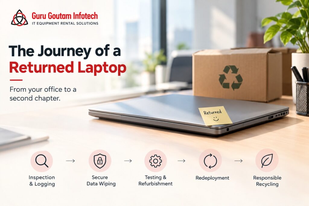 Returned laptops undergoing inspection, data wiping, testing and refurbishment