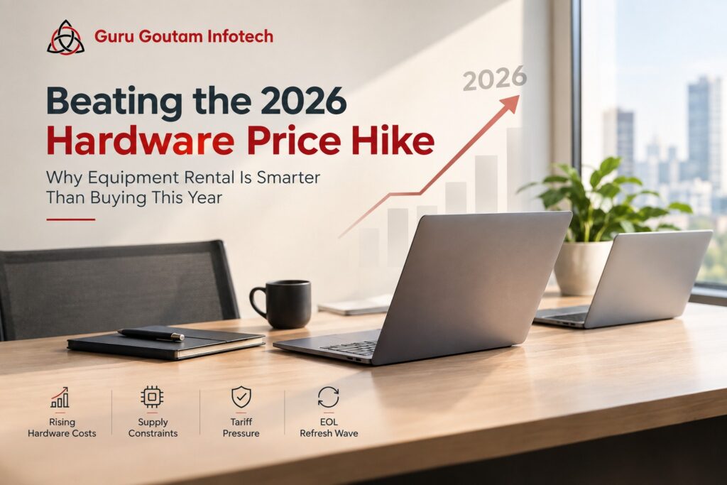 Business laptops and desktops illustrating IT equipment rental as an alternative to buying amid rising hardware costs in 2026.