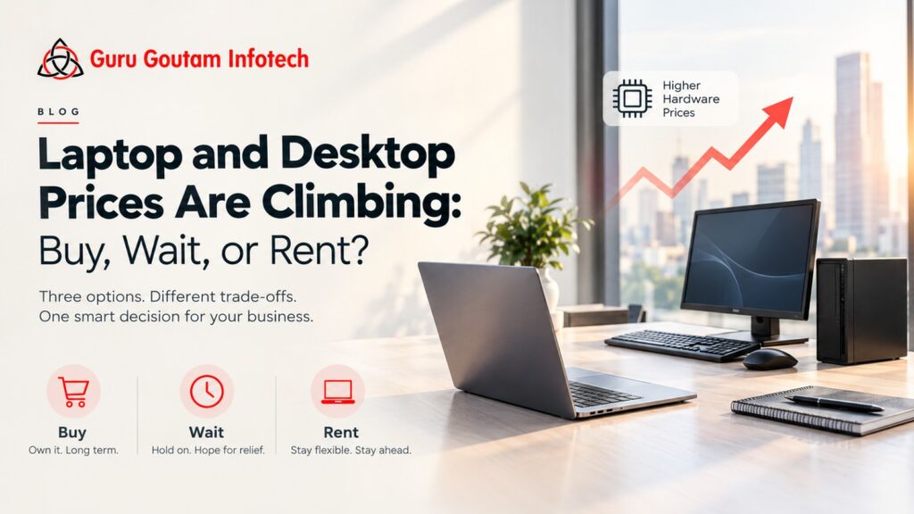 Laptop and desktop computers for business use, illustrating the choice between buying and renting IT equipment.